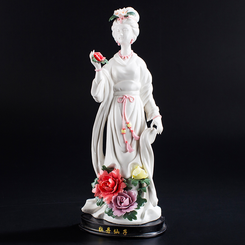 嫦娥奔月摆件 牡丹仙子陶瓷神像工艺品 人物古代仕女家居白瓷摆件