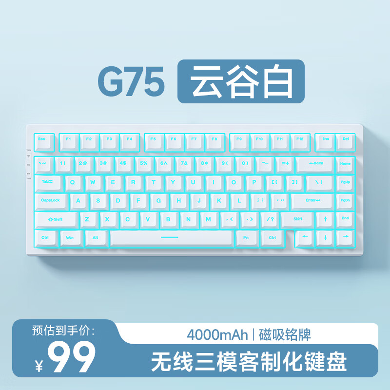 迈从（MCHOSE）G75客制化机械键盘gasket结构三模2.4G/有线/蓝牙全键热插拔电竞游戏办公家用 云谷白 青轴