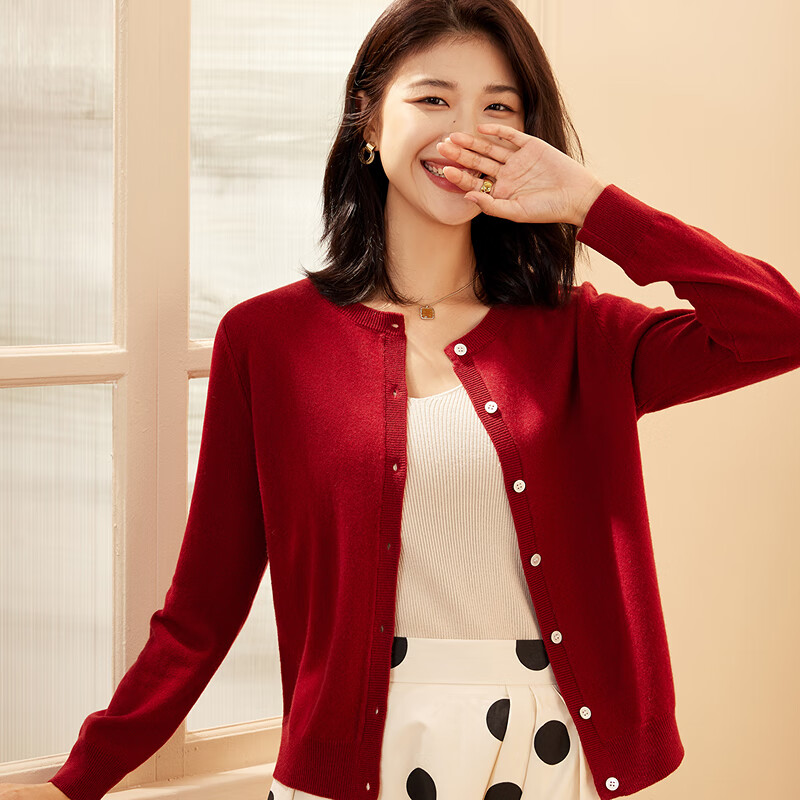 恒源祥【100%羊毛】纯羊毛衫针织开衫女装圆领单排扣保暖长袖毛衣外套 胭脂红 M /165/88A