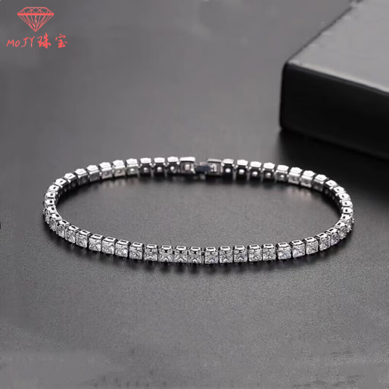 新款莫桑钻石手链银款式公主方满钻简约轻奢单排闪 s925银镀白金17cm