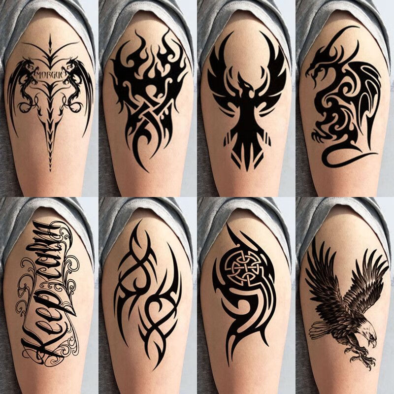 纹身贴帅气防水男持久半臂图腾仿真小手臂黑白火焰龙老鹰刺青贴纸 8张