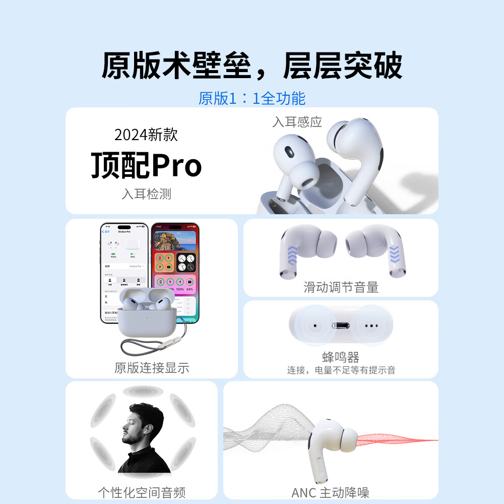 闻昔【华强北Pro】降噪蓝牙耳机入耳式适用苹果air2代排行前十超长续航主动降噪真无线耳塞式重低音安 【Pro全功能降噪版】滑动调音量 【主动降噪+入耳检测+三真电量】