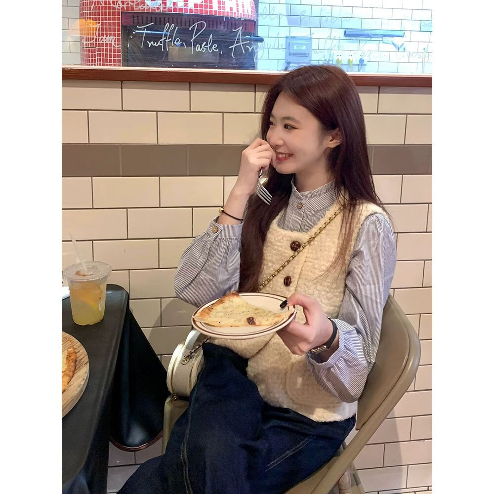 霎韵马甲搭配衬衫女蓝白条纹衬衫女春秋季2024年新款叠穿羊羔毛马甲搭