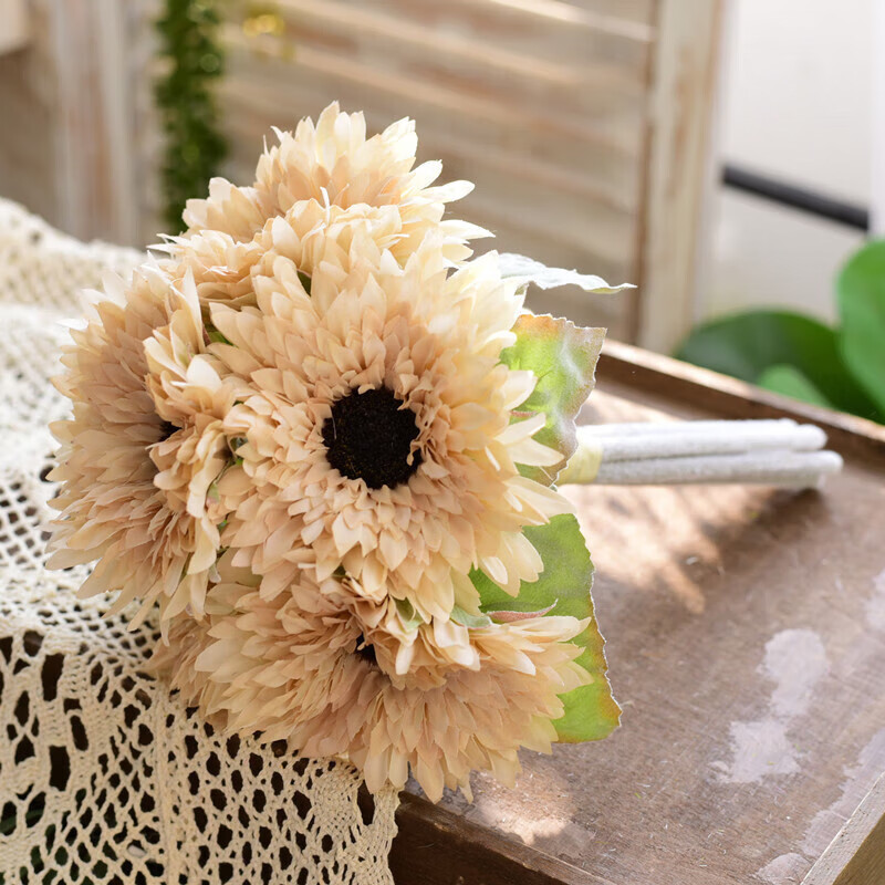 向日葵花套装太阳花美式田园客厅茶几装饰摆件手捧花 裸白(一束6朵花)