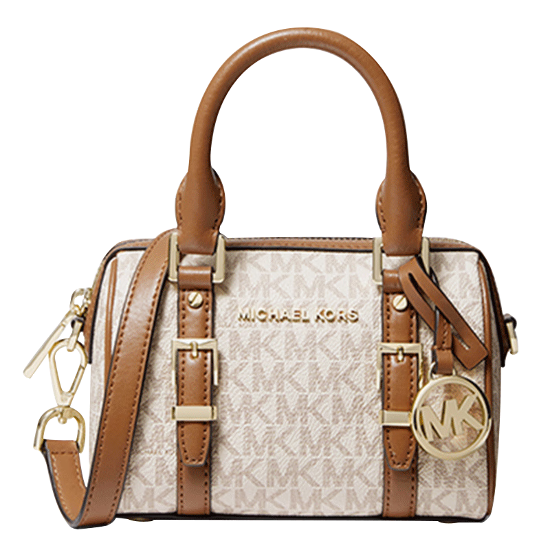 MICHAEL KORS邁克高仕 【新年情人節(jié)禮物】MK Bedford 迷你波士頓手提斜挎包包 香草白/橡果棕 149 迷你