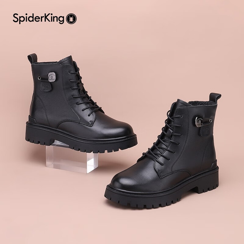 蜘蛛王短靴女加绒真皮冬季新款潮流短筒女靴百搭韩版时尚马丁靴女鞋