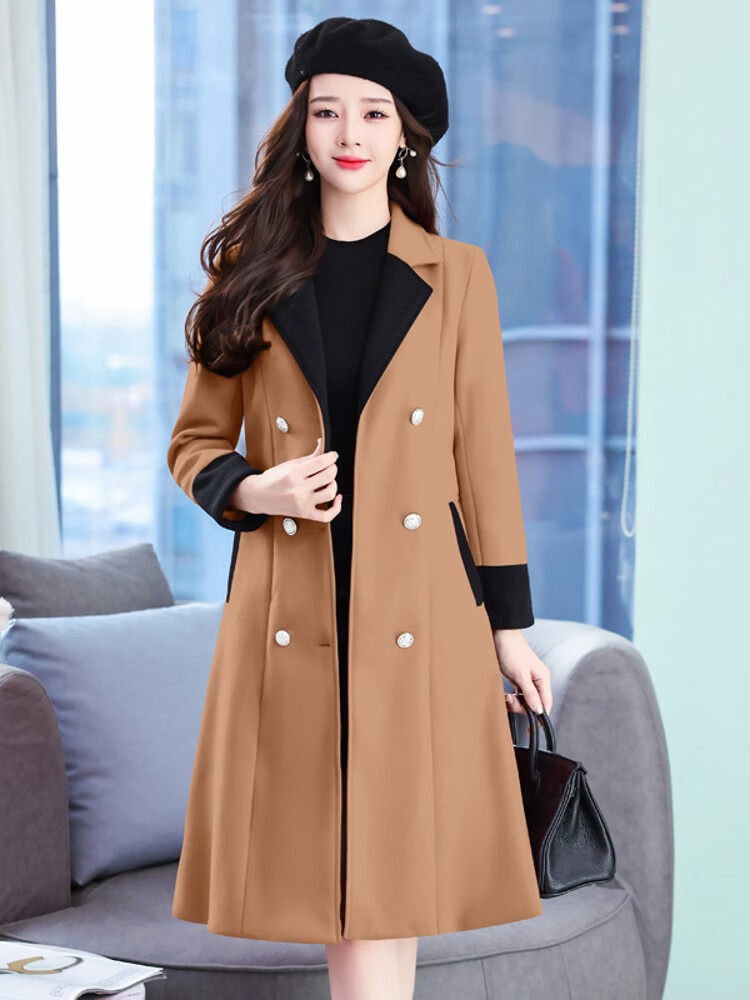 高端品牌冬季简约时尚优雅减龄拼色加厚保暖中长款修身毛呢大衣女 咖