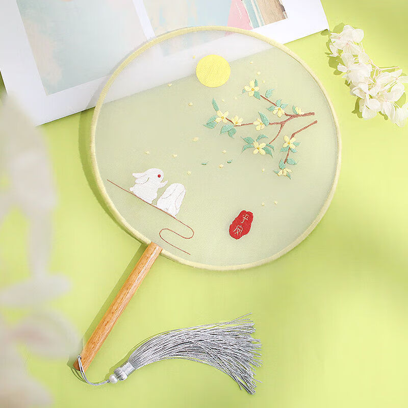 材料包不含团扇刺绣手工diy新手自制双面绣扇子 玉兔折桂加视频教程