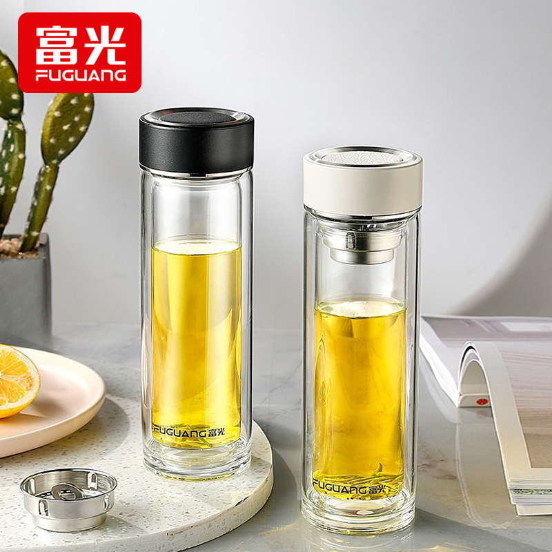 富光双层玻璃杯带盖男女水杯耐热防爆茶水分离办公室家用便携高档透明