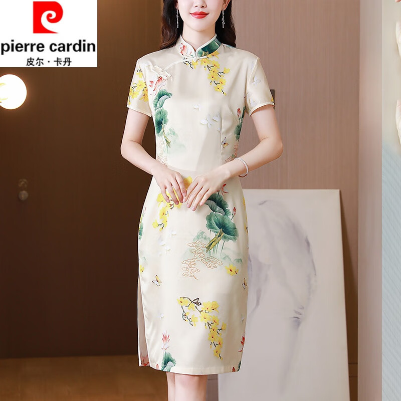 皮尔卡丹（pierre cardin）新中式印花连衣裙女夏季新款改良真丝旗袍气质桑蚕丝包臀裙子显瘦 图片色 L高性价比高么？