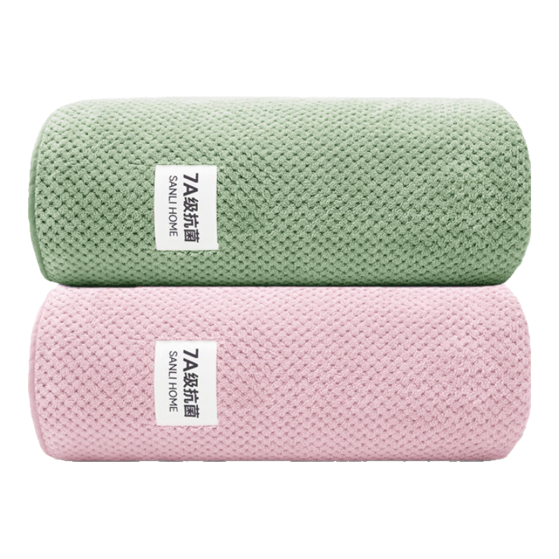 三利7A抗菌毛巾2条家用成年人吸水速干运动擦脸男士面巾柔软女 绿+粉