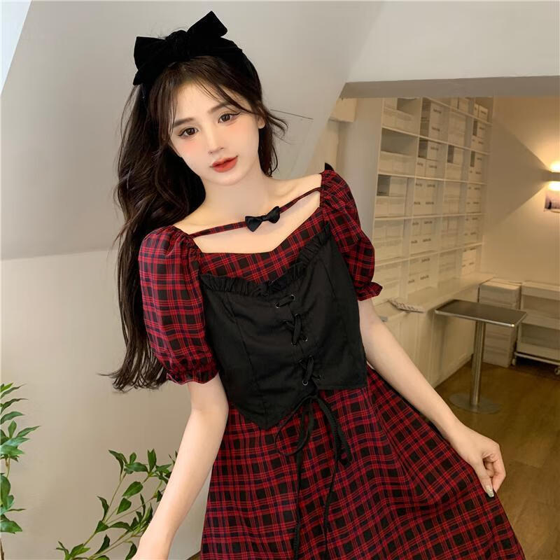 潮尊狐(chaozunhu)夏天女生格子连衣裙女学生泡泡袖蝴蝶结红色格子