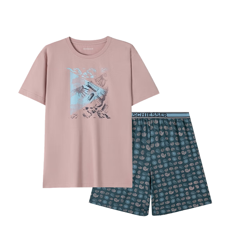 舒雅【純棉】男士圓領(lǐng)印花短袖短褲睡衣家居服套裝