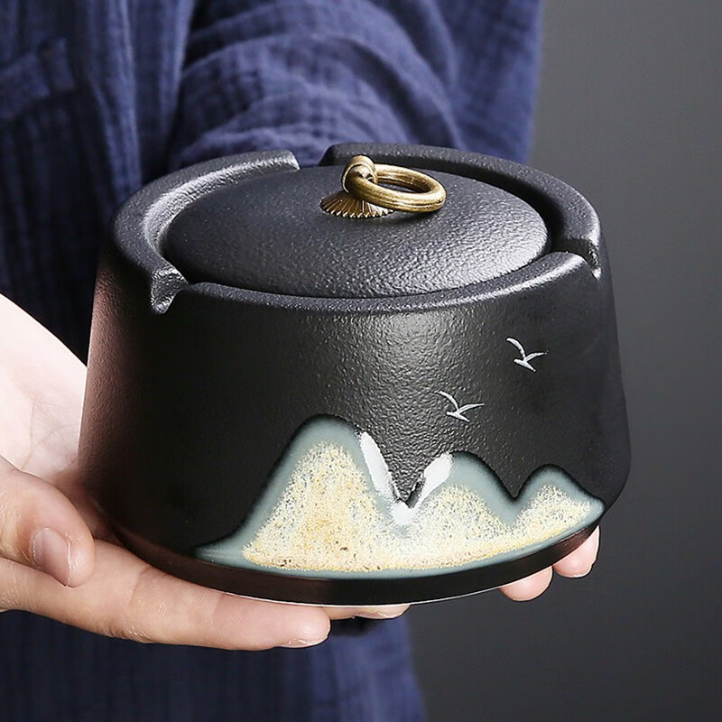 花蒂烟灰缸 陶瓷烟灰缸创意远山带盖烟灰缸家用烟灰缸创意烟灰缸 远山