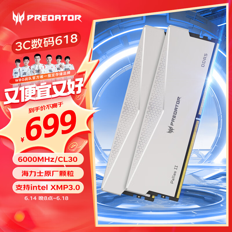 宏碁掠夺者（PREDATOR）32G(16G×2)套装 DDR5 6000频率 台式机内存条 Pallas II 凌霜系列 支持EXPO（C30）