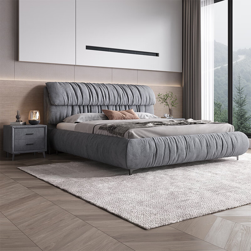 雅兰小街意式轻奢主卧床双人床家居免洗磨砂布艺床ins风云朵婚床 灰