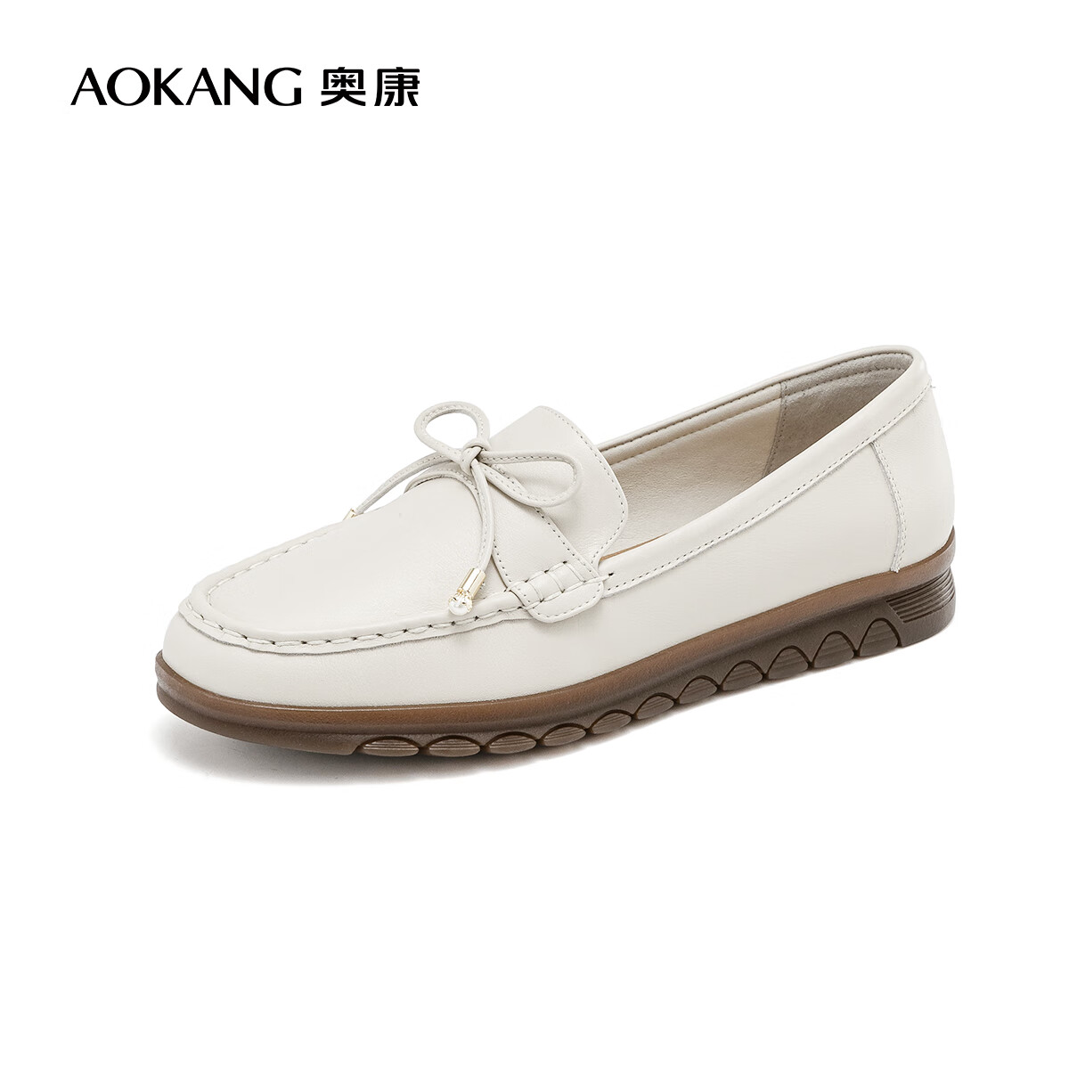 奧康（Aokang）官方女鞋 2024春季新款簡(jiǎn)約舒適樂(lè )福鞋蝴蝶結軟底一腳蹬媽媽鞋 米白色 升級款 38