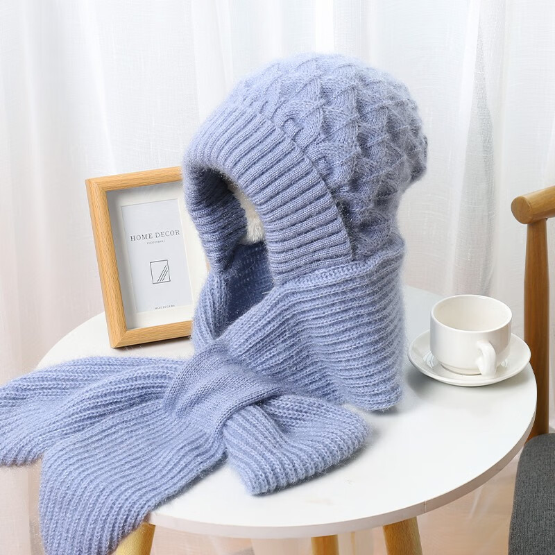 新款帽子秋冬松鼠绒双层手工加绒加厚连体围巾风雪帽护耳护颈保暖 雾霾色 加绒加厚