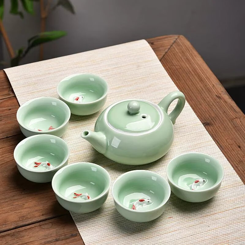 【精选】茶具陶瓷套装家用简茶壶茶杯子茶盘整套功夫茶具 青瓷鲤鱼茶具 7头