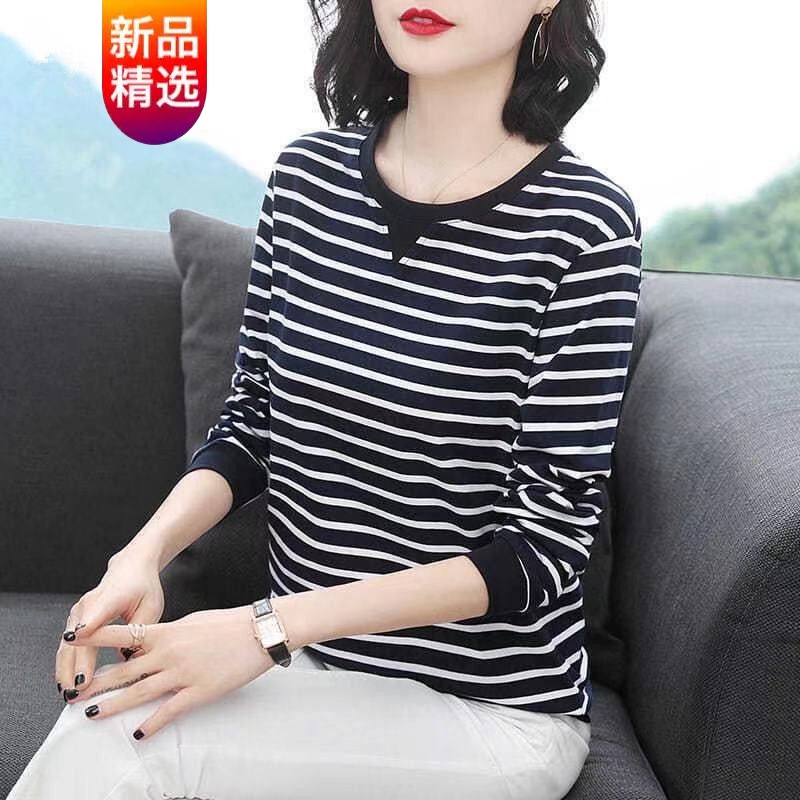 2022新款纯棉恤女长袖秋季新款减龄中年妈妈大码条纹宽松女士上衣潮