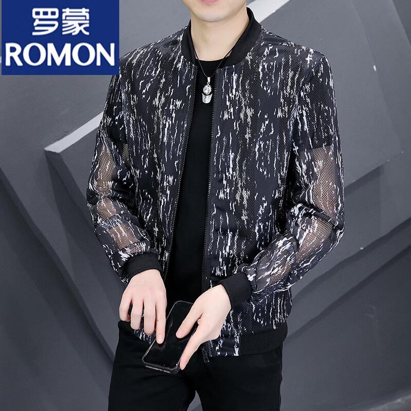 羅蒙（ROMON）防曬服男士大碼寬松釣魚鏤空透氣冰絲外套防網(wǎng)紗旅游防曬衣 黑底白煙霧【棒球領(lǐng)防曬衣】 L 105-120斤
