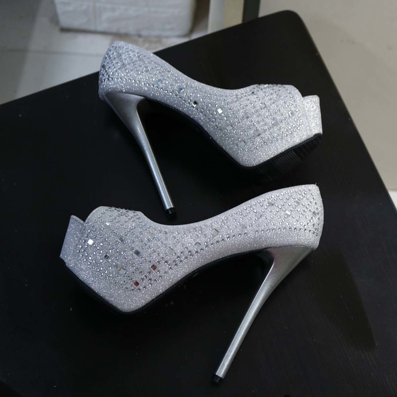 鞋2023水钻婚鞋鱼嘴高跟鞋女单 t台模特细跟性感恨天高银 银色14厘米