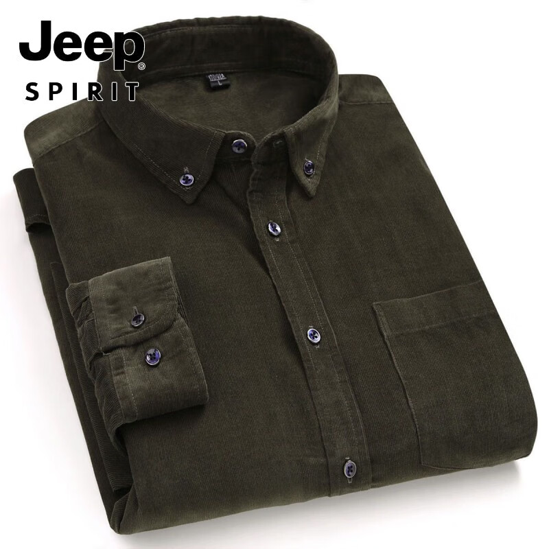 Jeep吉普秋季纯棉灯芯绒衬衫男士长袖休闲全棉衬衣青年中年大码爸爸装 纯棉灯芯绒-纯黑 41码 建议150-155斤