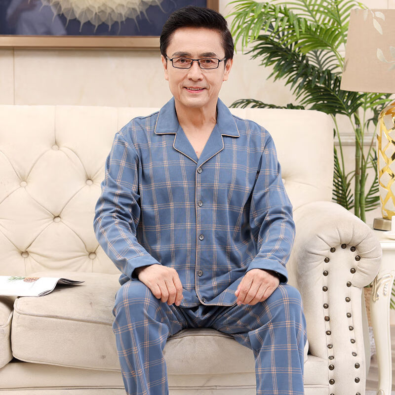 莫熙慈中年爸爸睡衣男士春秋纯棉长袖加大码秋季中老年人爷爷家居服