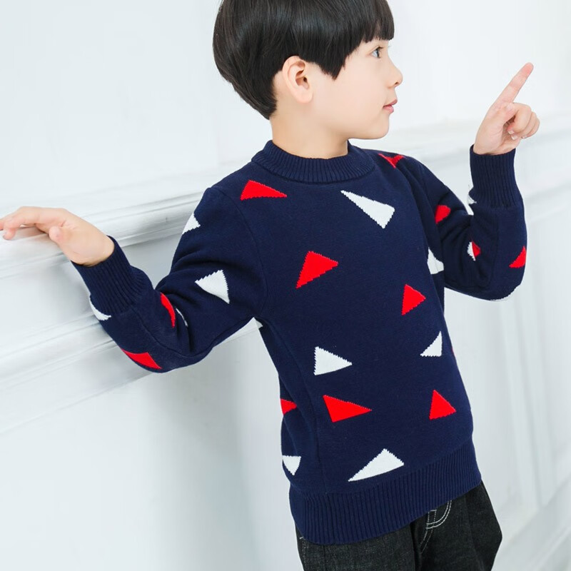 绒中羊童装男童毛衣套头双层加厚纯棉中大童线衣儿童针织衫秋冬款 双层加厚藏青横花 150 建议身高135-145cm