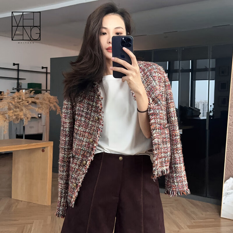 美洋（MEIYANG）曼陀羅小香外套高定幻彩編織花紗流蘇粗花呢夾克時(shí)尚新款休閑外套 暗紅色 XL