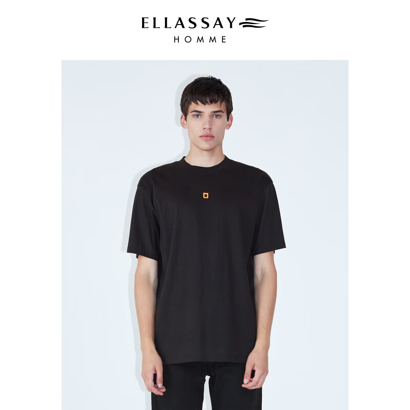 ellassay歌力思男装秋冬经典logo刺绣双面针织吸湿圆领百搭t恤男 经典