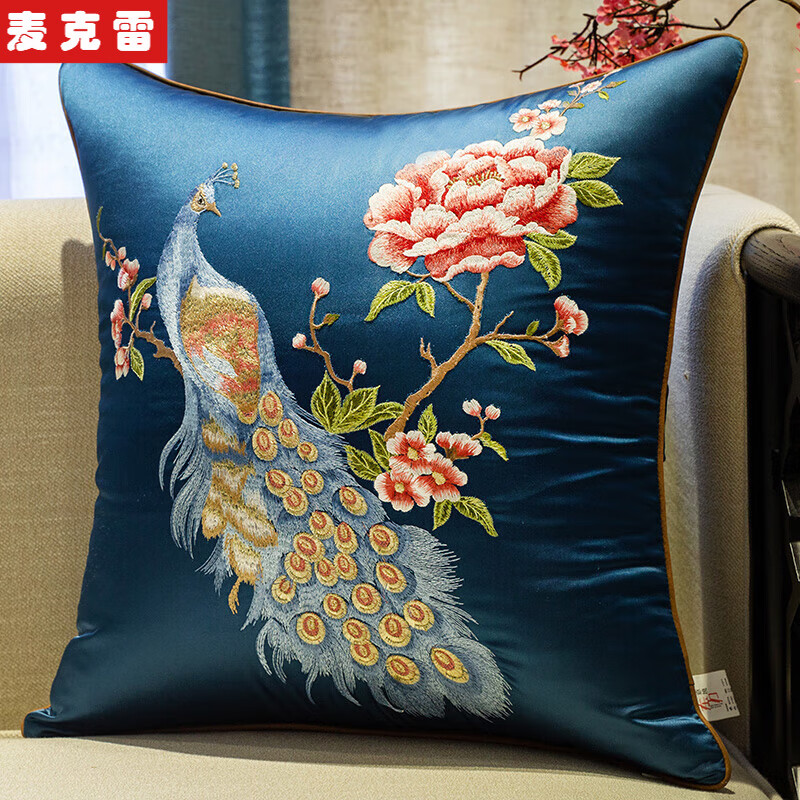 麥克雷新中式刺繡花抱枕套客廳沙發(fā)靠背不含芯腰枕靠枕頭中國(guó)風(fēng)靠墊 深藍(lán)色-國(guó)色天香 35x50cm枕套
