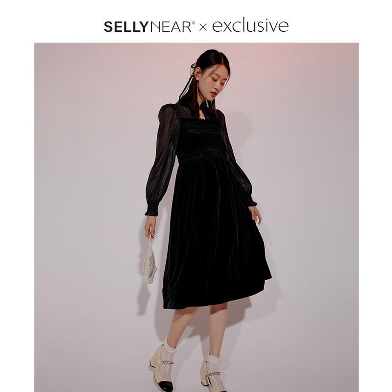 Sellynear孕婦裝秋冬裝2023新款高級(jí)絲絨連衣裙優(yōu)雅小立領(lǐng)長(zhǎng)袖顯瘦孕媽裙子 黑色 M