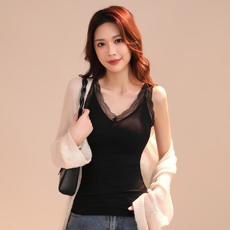 六月玫瑰2件装冬天女士保暖内衣打底衫加绒加厚蕾丝打底内衣保暖背心女 黑+肤粉 均码