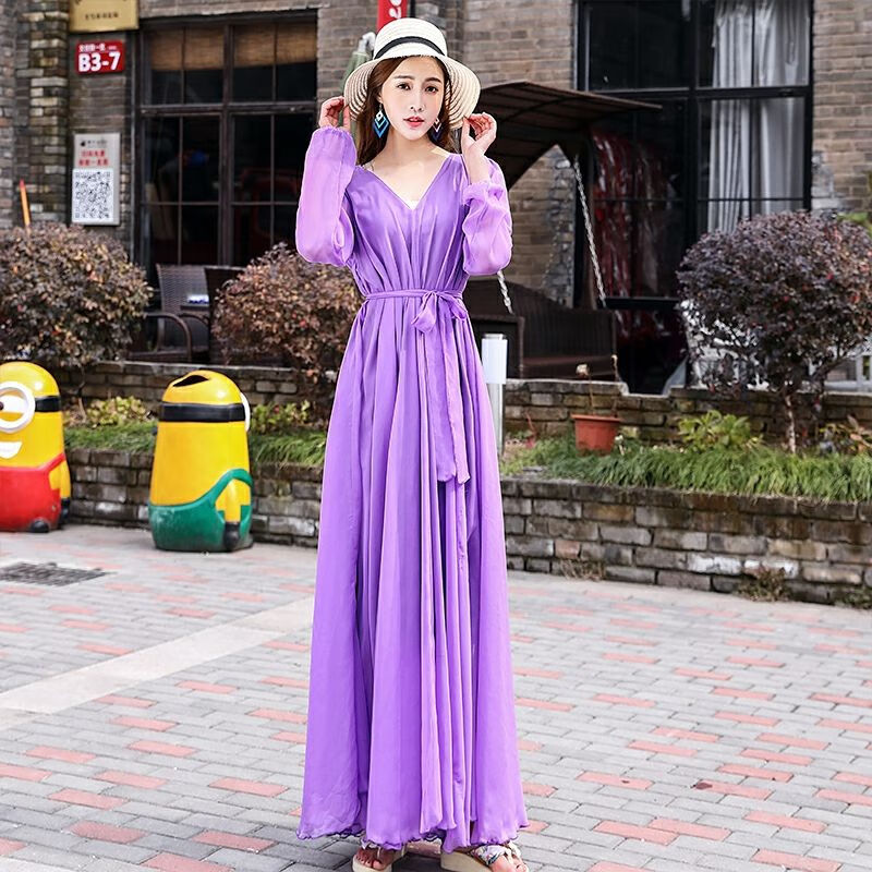 摆连衣裙大码连衣裙雪纺超长裙大摆大码春夏裙 紫色 xxs 身高150以上