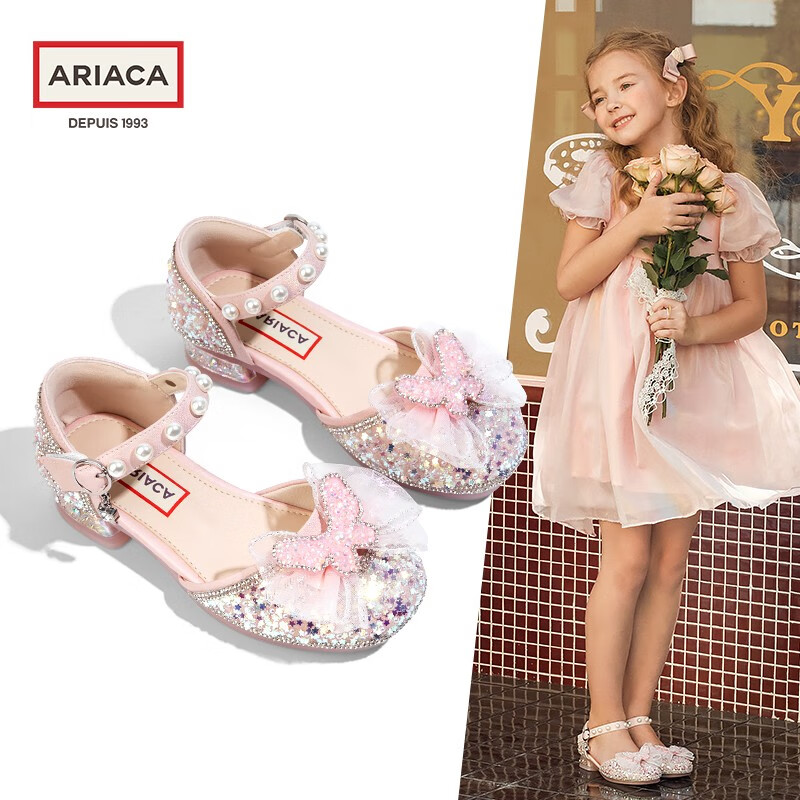 Ariaca艾芮苏女童公主鞋2024新款夏季凉鞋女孩高跟鞋子六一儿童节水晶鞋 粉色 34码 内长21.6/适合脚长21.1