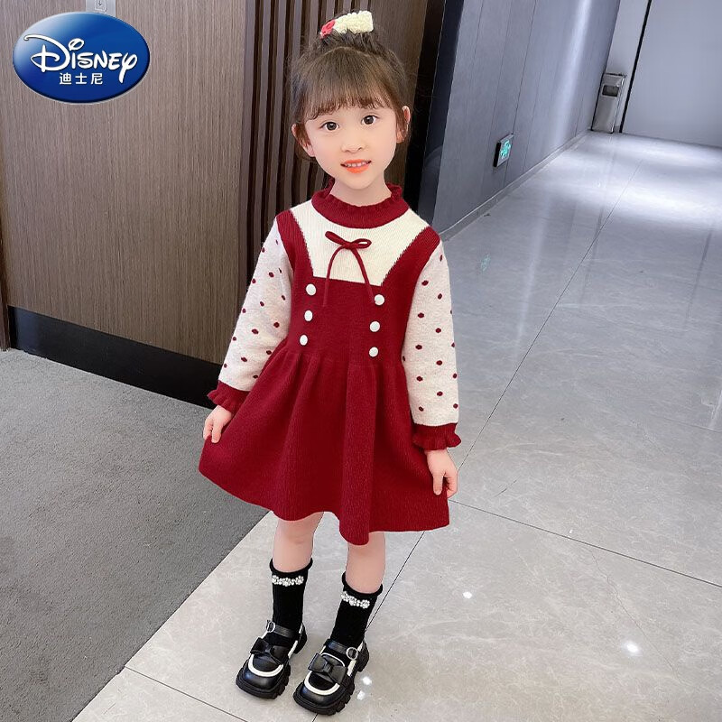 迪士尼（Disney）女童毛衣裙子2023新款秋冬季新年宝宝针织连衣裙拜年服儿童公主裙 红色 130怎么样,好用不?