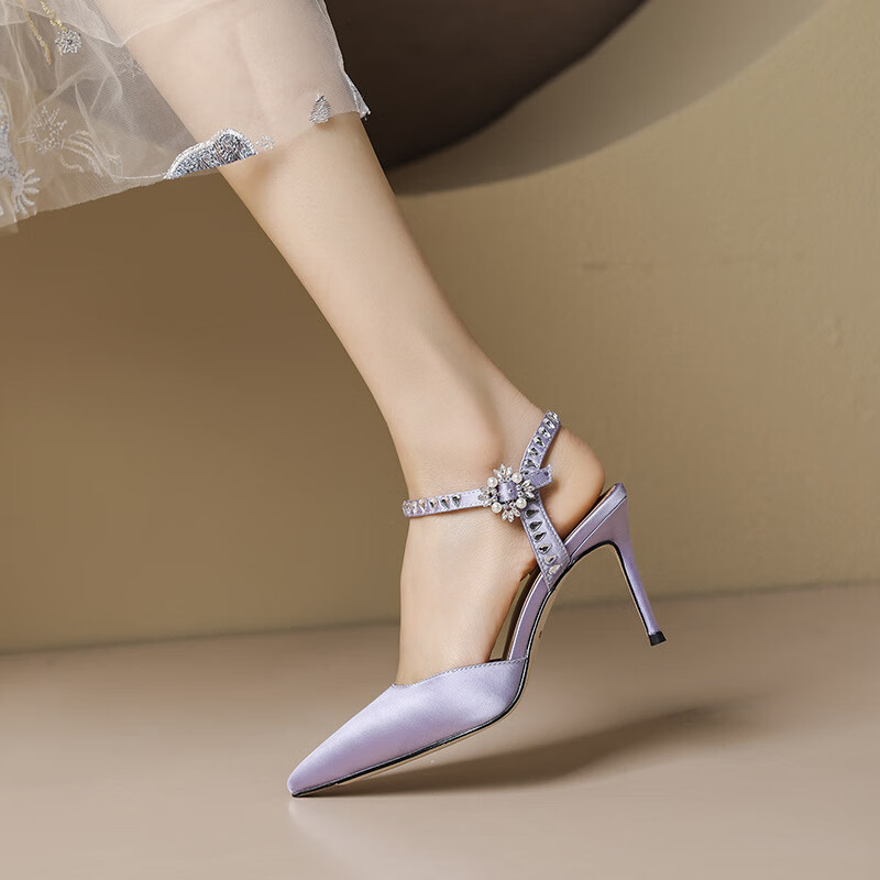 细跟凉鞋女包头粉色紫色仙女风高跟鞋一字式扣带尖头高跟鞋 梦幻紫 34