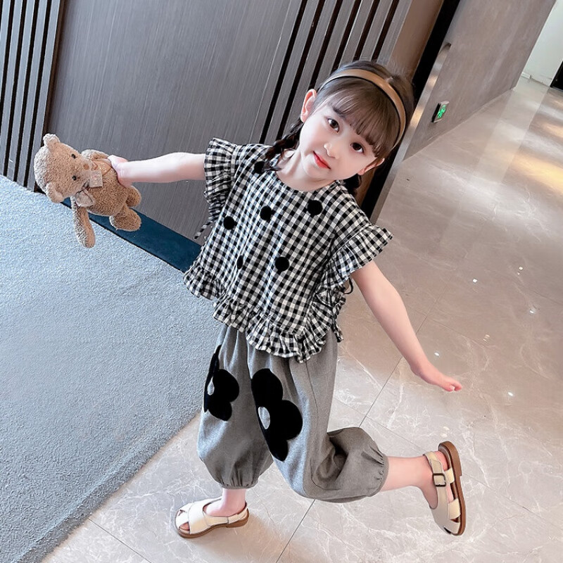 迪士尼女童格子短袖休闲套装2024夏季新款女宝宝洋气二件套中小儿童装