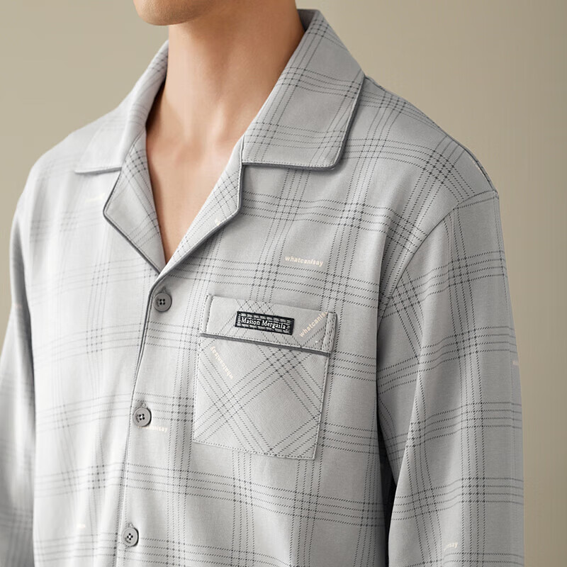 芬腾睡衣男士春秋季长袖纯棉套装青年男款大码休闲格子开衫家居服 FJ25931454银灰 185(3XL) 【建议体重186-206斤】