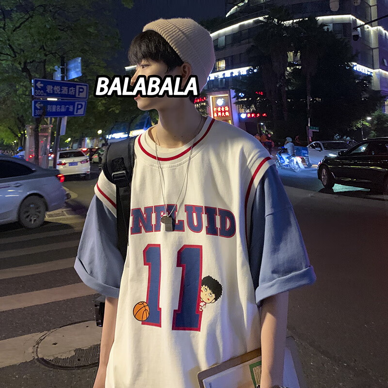 国潮高街t恤假两件美式篮球短袖感男装奶狗穿搭11号球衣 tx2035/白色