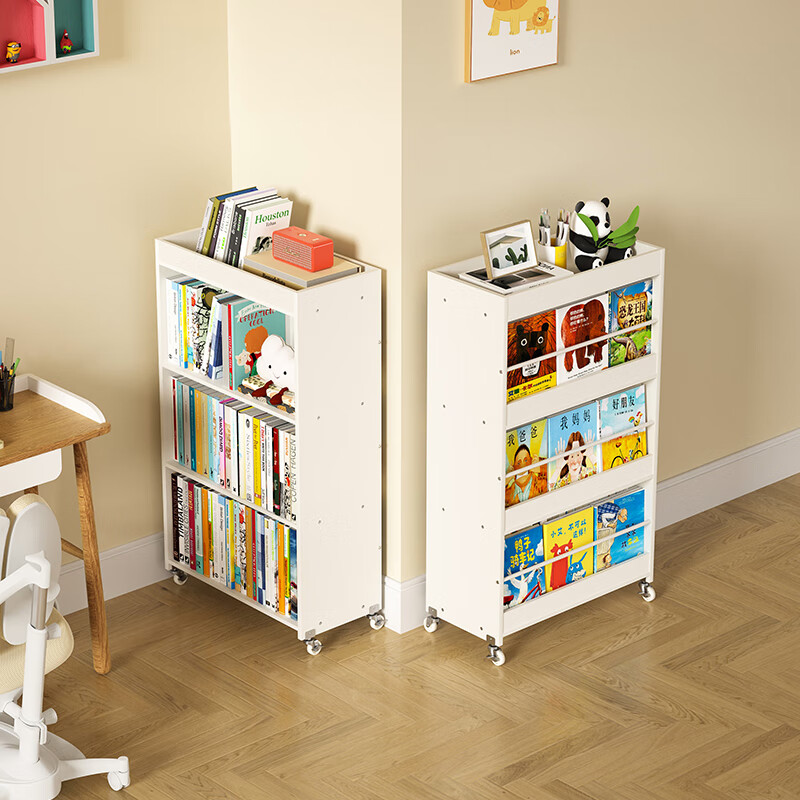 SOFS儿童书架落地简易宝宝绘本架客厅矮书柜书本收纳置物架移动小书架 3层双面书架/白色（带置物层）