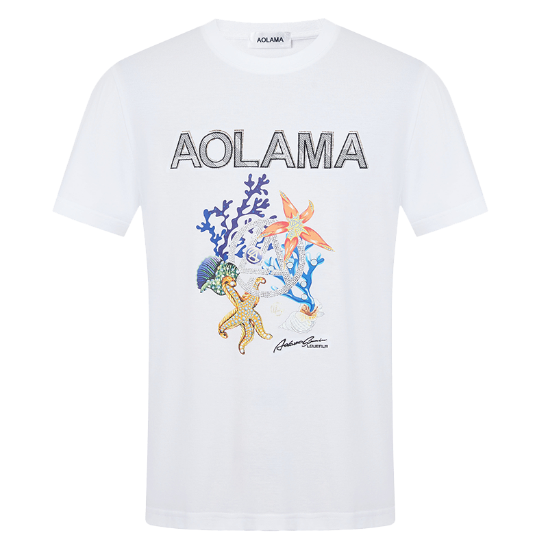 奧拉瑪（Aolama）輕奢男裝短袖T恤新品時(shí)尚海洋系列刺繡純棉t恤男 白色 52 (180/100A)