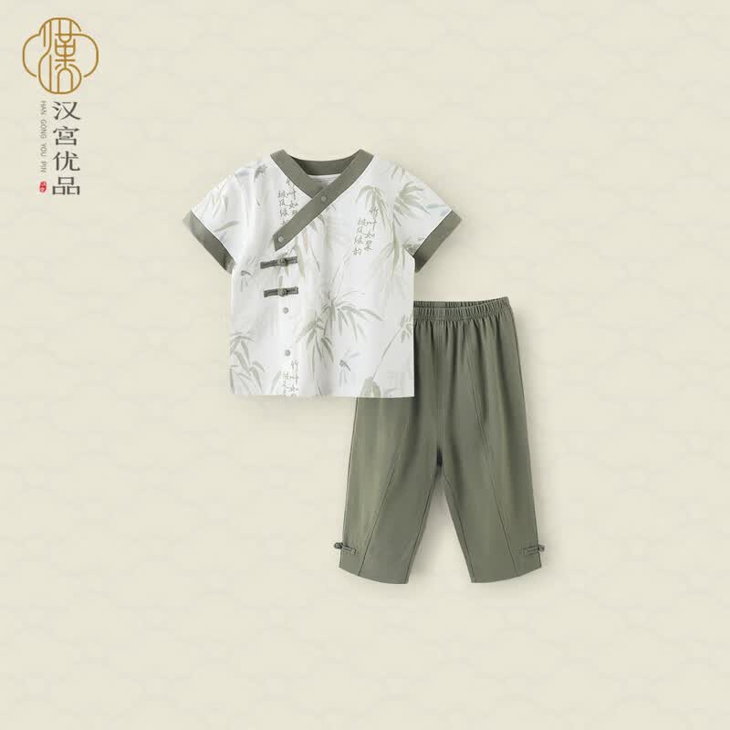 汉宫优品宝宝短袖套装夏季薄款儿童两件套中国风分衣服婴儿夏装男童套装 竹香玉粹 100