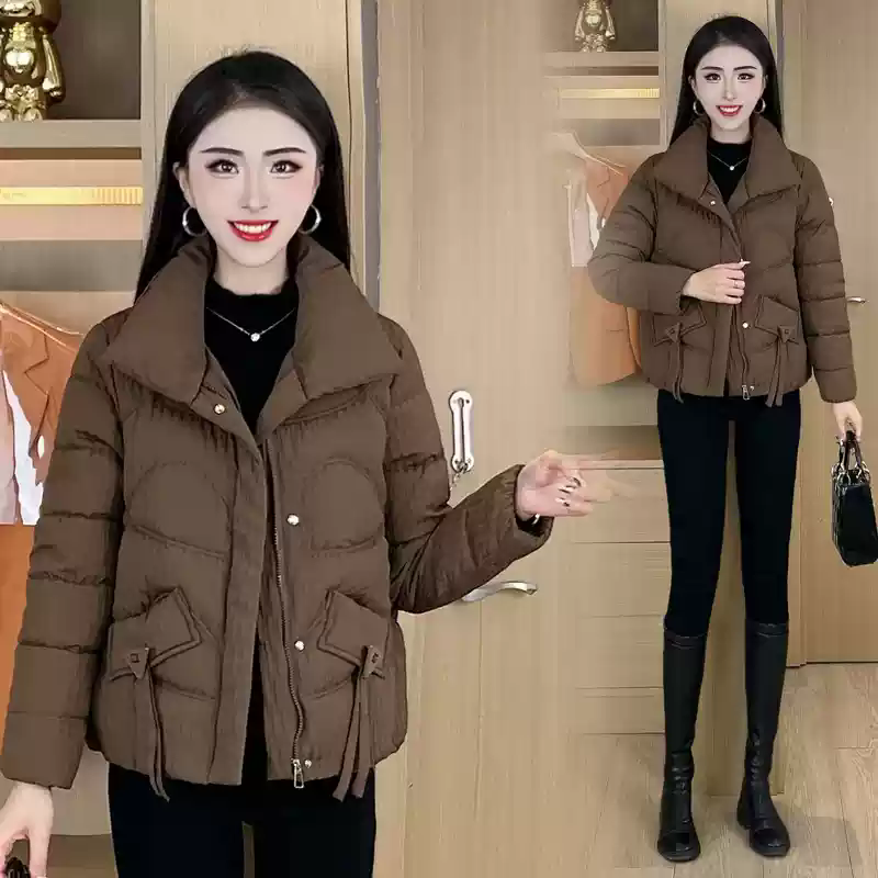 忆灵时尚立领棉服女2025冬季新款洋气修身显瘦加厚保暖棉袄棉衣外套 咖啡色 L （105-120斤）