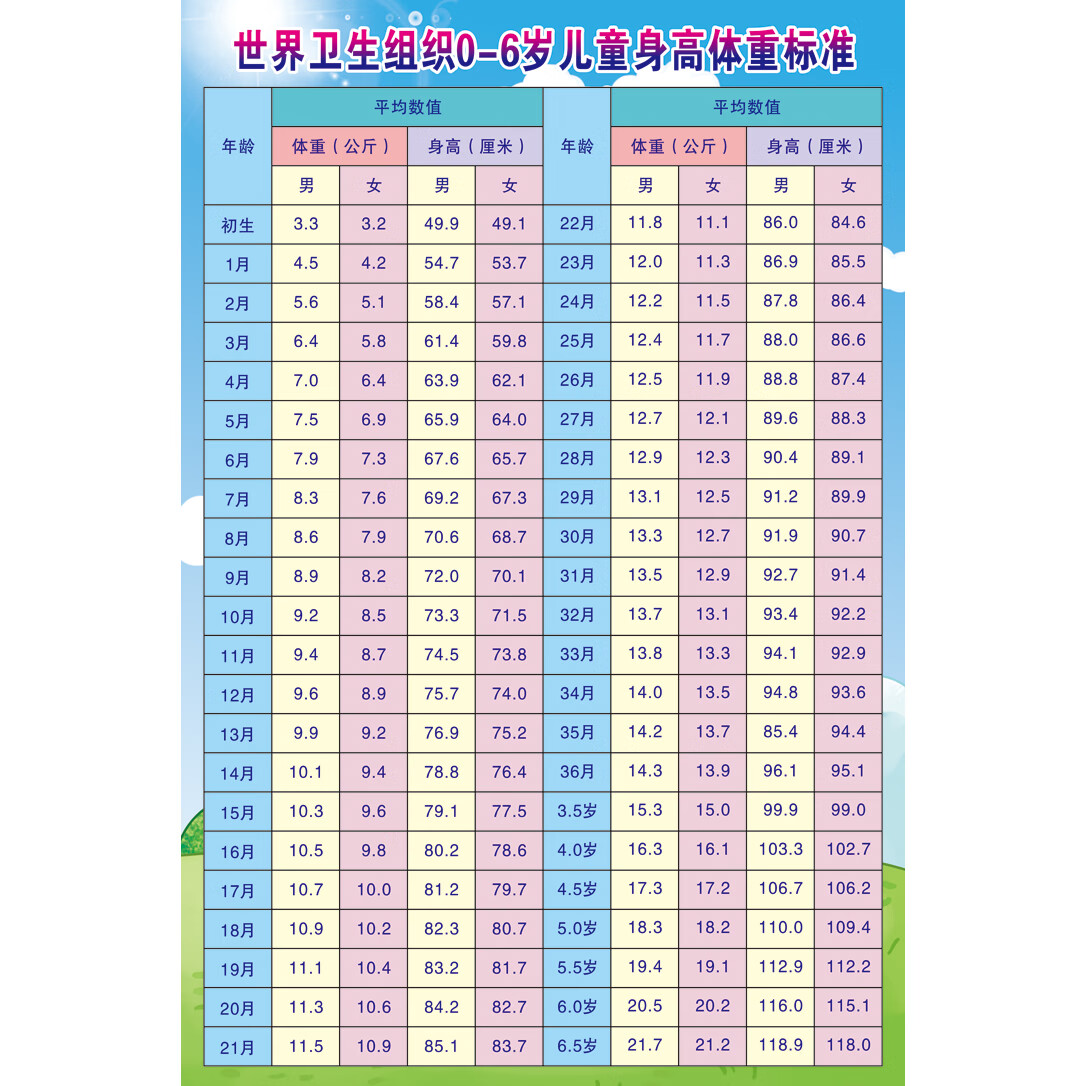 天颛衣服尺码身高体重对照表婴幼儿标准和知识挂图 0-6岁儿童身高体重
