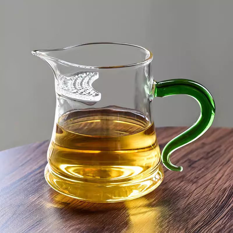 古朴堂加厚玻璃月牙公道杯茶漏一体带过滤泡茶杯大容量高硼硅绿茶杯 绿把.月牙公道杯400ml