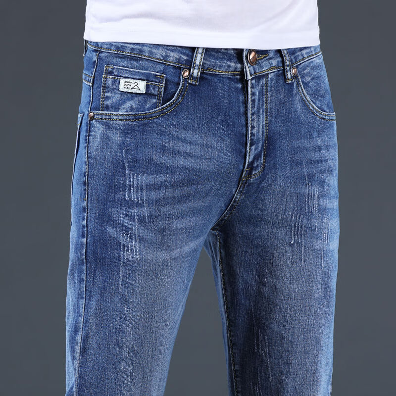 修身裤子冬季男易穿搭秋冬加绒浅蓝色士弹力修身小脚青 蓝色【不加绒