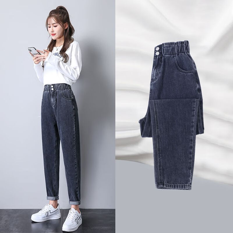 适合腿粗女生穿的裤子小个子女生牛仔裤松紧高腰牛仔裤女加绒冬季2022