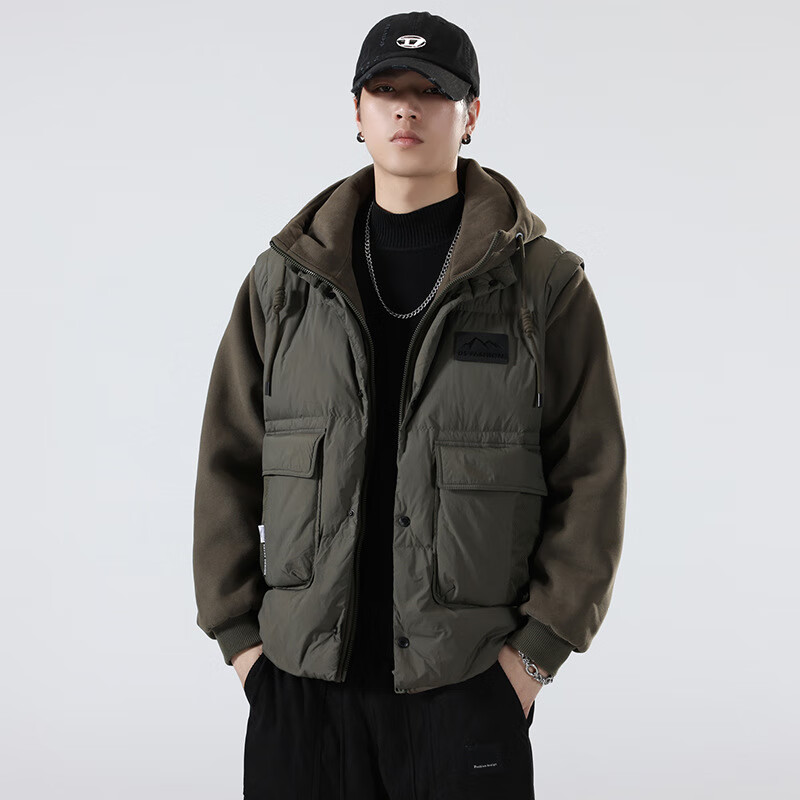 托普莱夫(topulaifu)冬季2023新款卫衣袖假两件连帽羽绒服男士短款